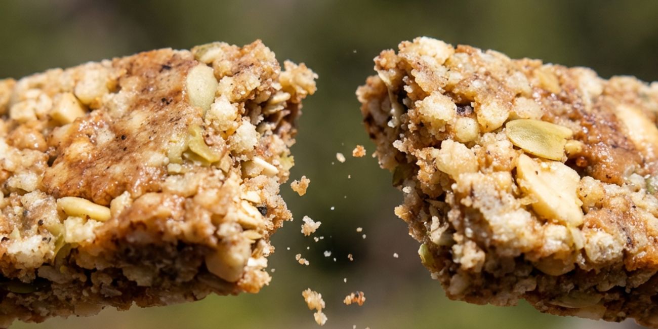 A frank bar broken in half with crumbs falling